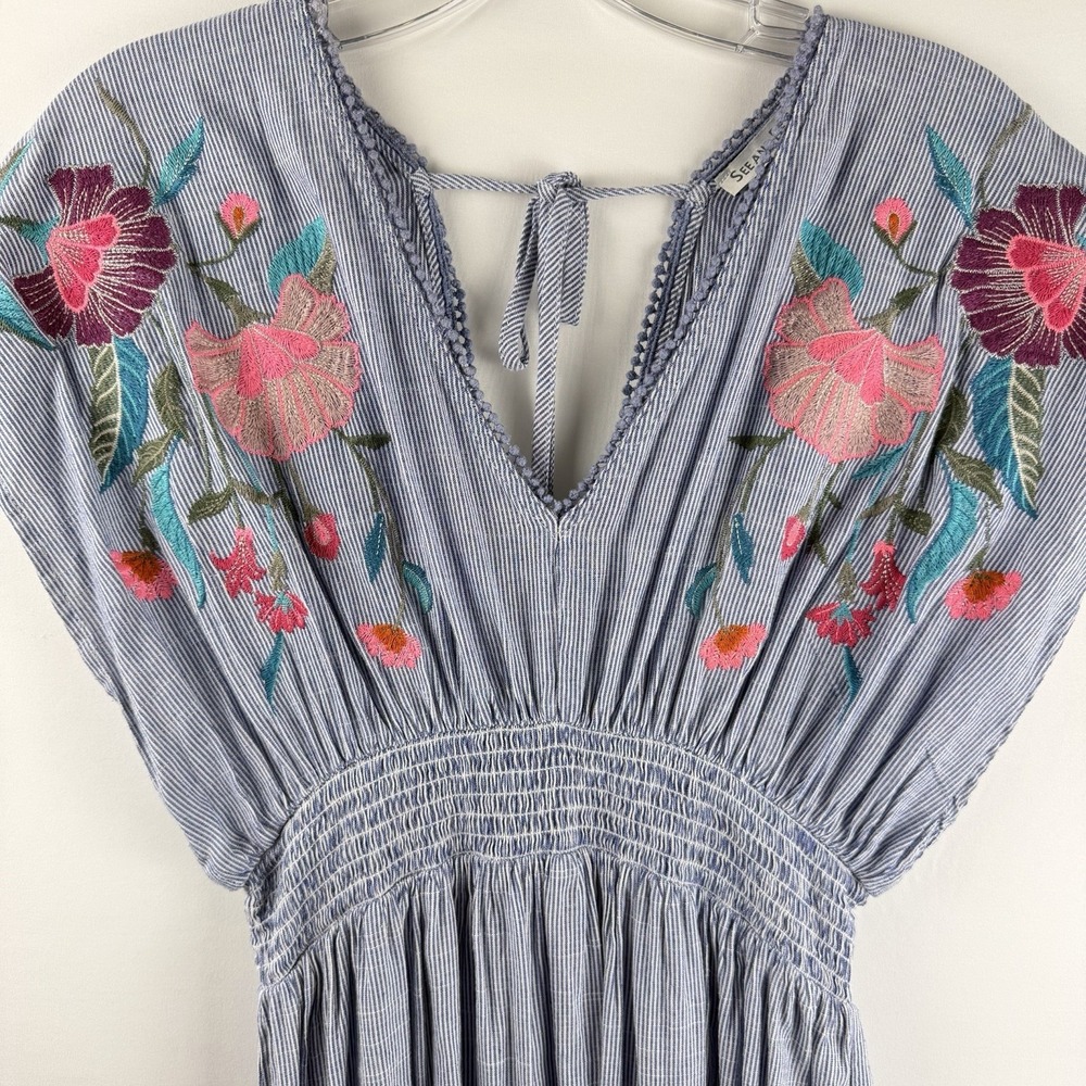 See And Be Seen Smocked Midi Dress Embroidered Flowers Raw Hem Blue Stripe S M
